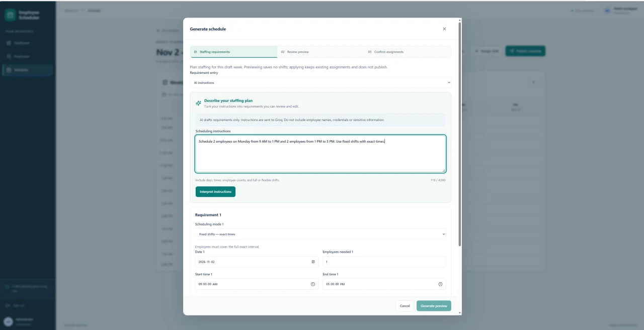 Employee Scheduler AI instructions screen for entering staffing requests and reviewing requirements